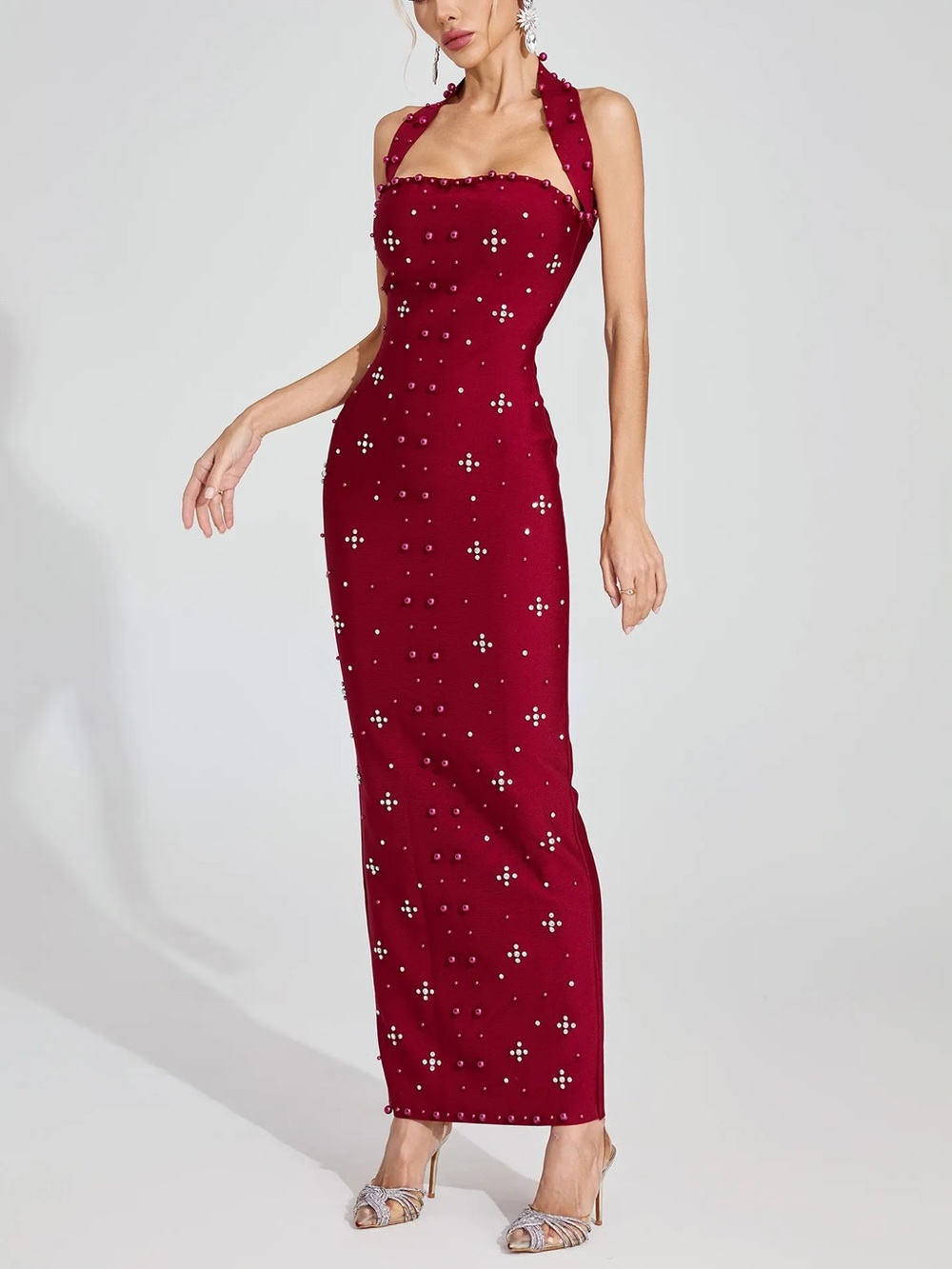 NWT BELLA BARNETT NESYA Pearl Wine Rhinestone Embellished Bandage Elegant Dress
